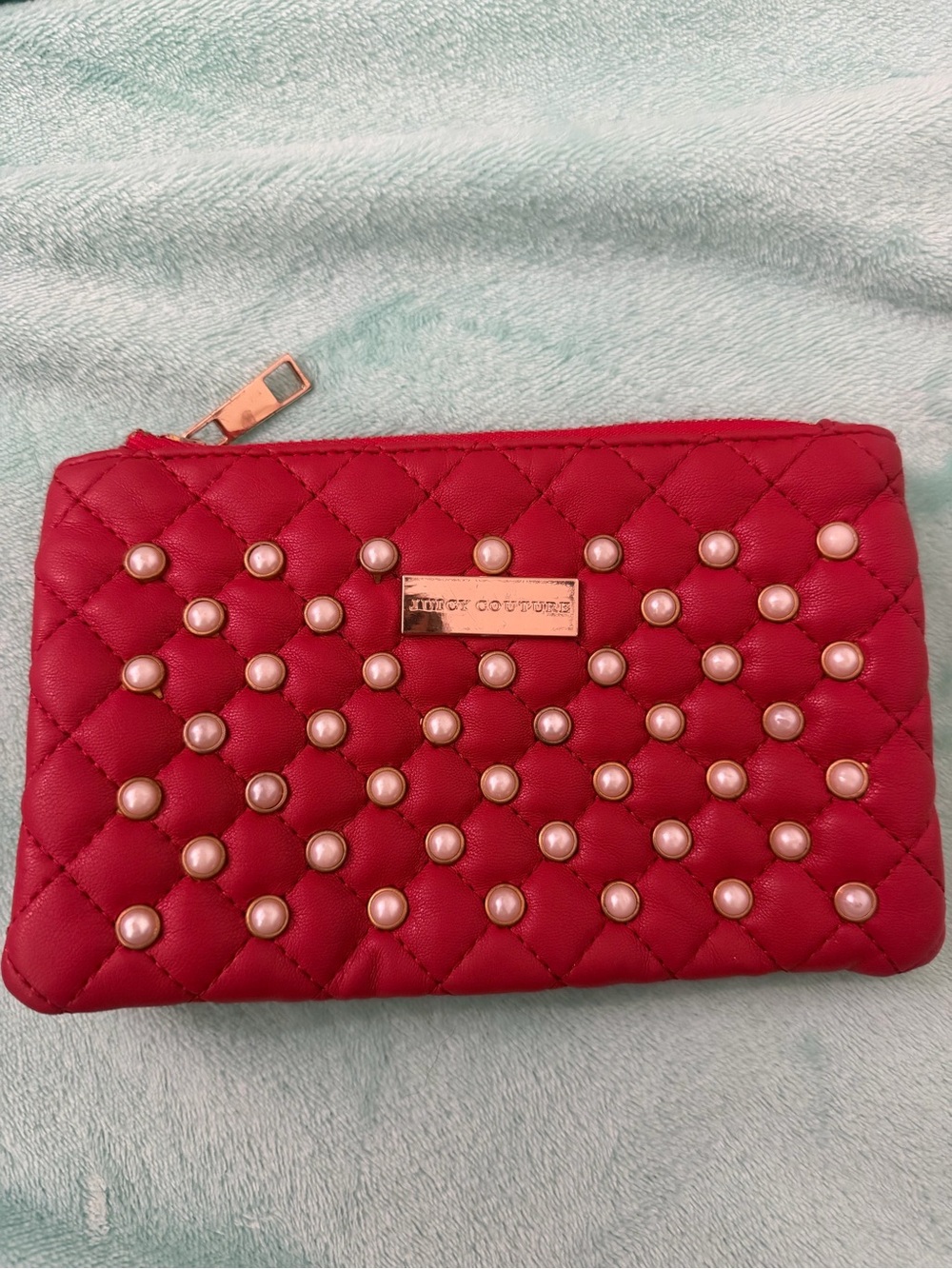 Juicy Couture Quilted Red Pearl-Stud Wristlet